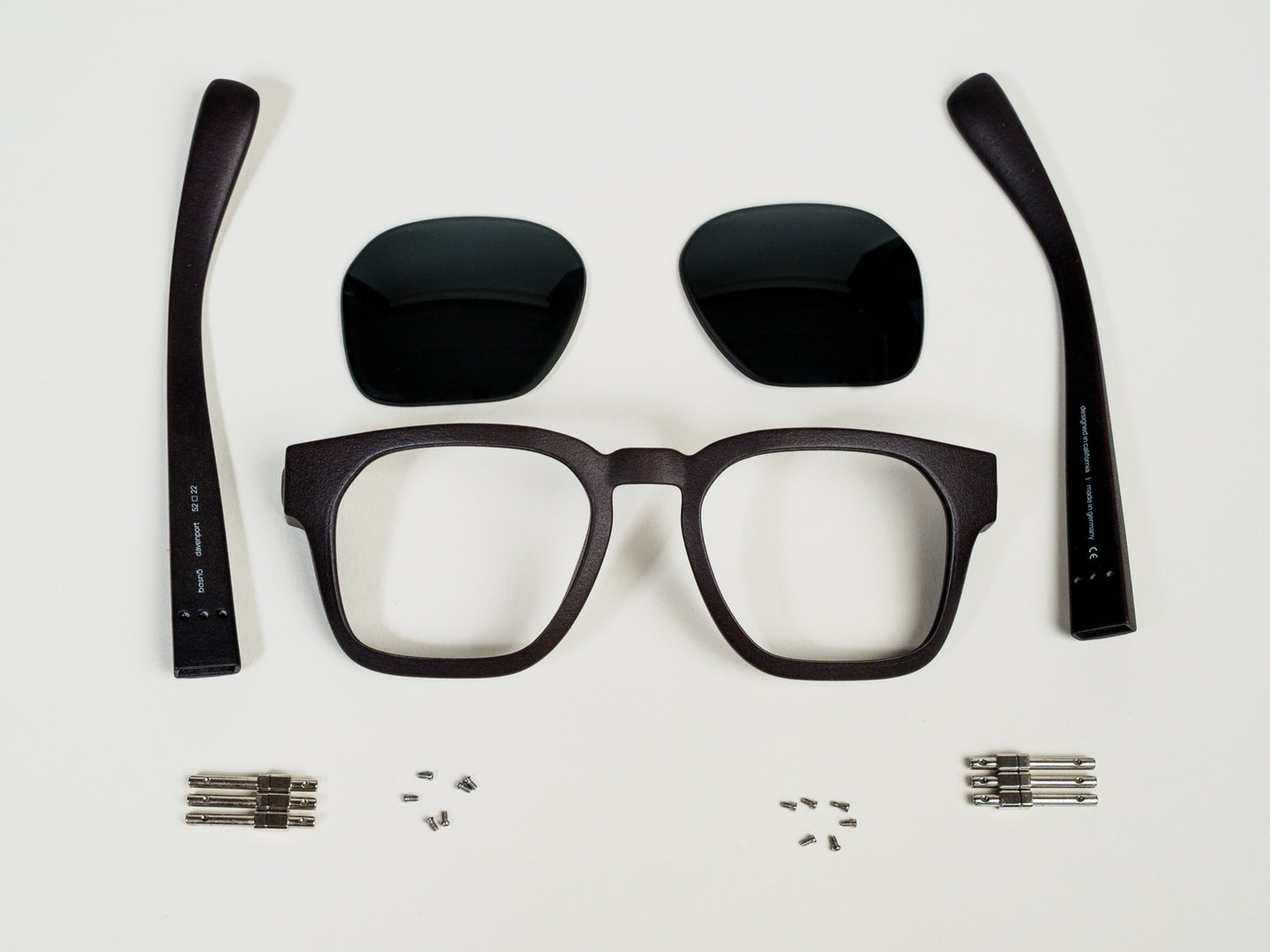 exploded view of davenport — temples, lenses, frame, hinges, and screws