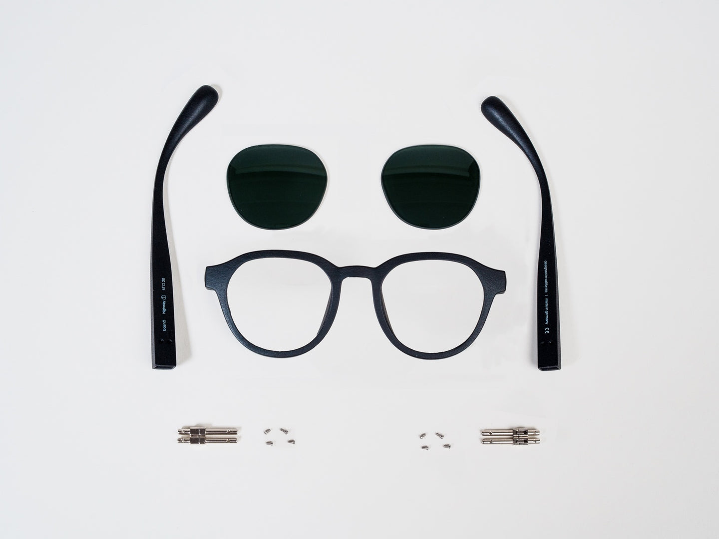 exploded view of highway 1 — temples, lenses, frame, hinges, and screws